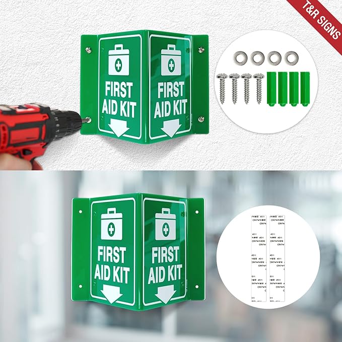 T&R First Aid Kit Sign, First Aid Kit with Down Arrow - 4 Pack - 8 x 6 Inches Acrylic, 4 pre-drilled holes, Includes Matching Screws, Use for Office/Business