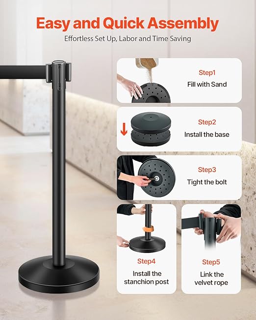 VEVOR Stanchion Post, 4 Pcs Stanchions with Retractable Belts, Carbon Steel Black Stanchions Queue with Sand Injection Hollow Base, Crowd Control Barriers for Theaters, Parties, Weddings, Exhibitions