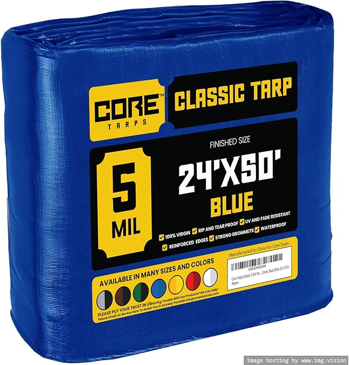 Core Tarps Classic 5 Mil Tarp Cover, Waterproof, UV Resistant, Rip and Tear Proof, Poly Tarpaulin with Reinforced Edges for Roof, Camping, Patio, Pool Cover, Boat (Blue 24′ X 50′)