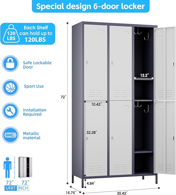 Metal Lockers for Employees with 6 Doors and 18 Hooks, 72”H Storage Locker with Card Slot for Office Gym School Bedroom, White and Gray, Assembly Required