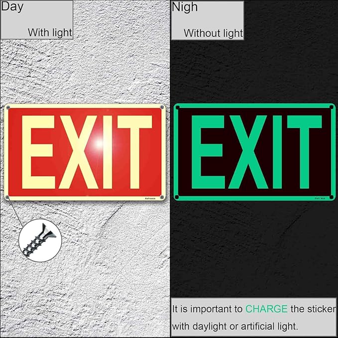 Glow in the Dark Exit Sign Aluminum - 2 Pcs 12x7 In - Ultimate UV, Weather & Fade Resistance, Indoor & Outdoor for Business, School, Office, Warehouse (Fire Emergency Signs), Includes accessories