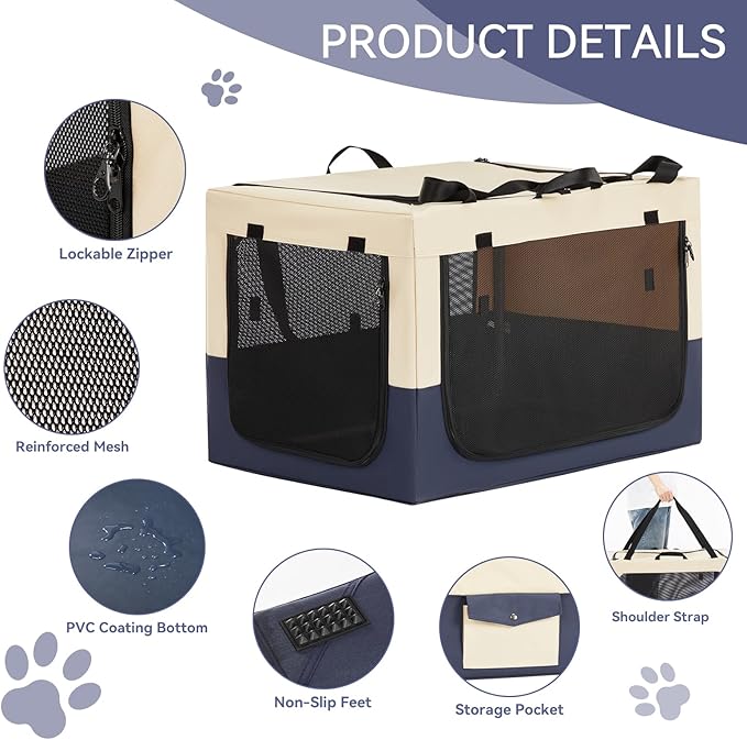 PETSFIT Soft Dog Crate, with Patented Adjustable Fabric Cover, Chewproof & Lockable Mesh Doors, Waterproof Base Portable Kennel Beige 30 Inch