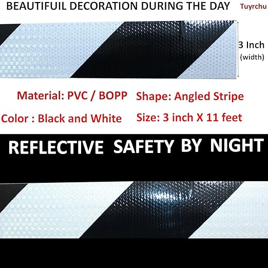 Black White Reflective Tape Outdoor Waterproof 3 inch, High Visibility Conspicuity Safety Industrial Marking Tape (11 feet)