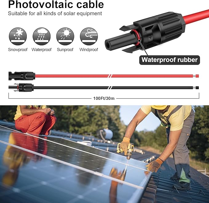iGreely Solar Panel Extension Cable - 100 Feet 10AWG(6mm²) Solar Extension Cable with Female and Male Connector Solar 100Ft 10AWG