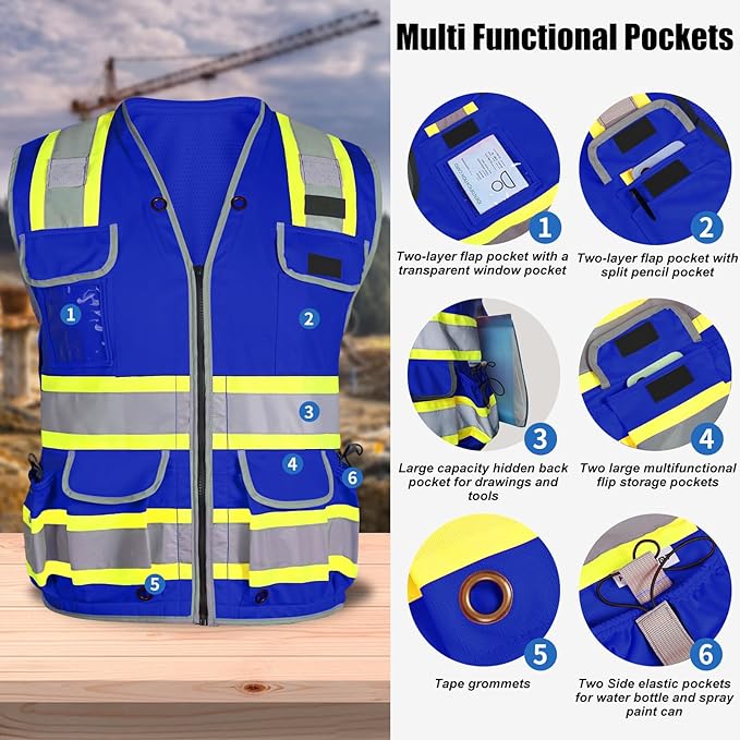 HYCOPROT Reflective Safety Vest Class 2 High Visibility Heavy Duty Construction Vest with Padded Neck,Meet ANSI/ISEA Standard