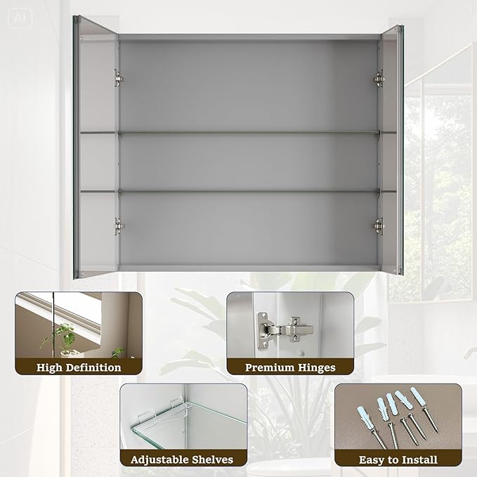 Bathroom Medicine Cabinet with Mirror, 40 Inch x 26 Inch Bathroom Mirror Cabinet with Double Door & Adjustable Shelves, Surface Mount or Recess Installation