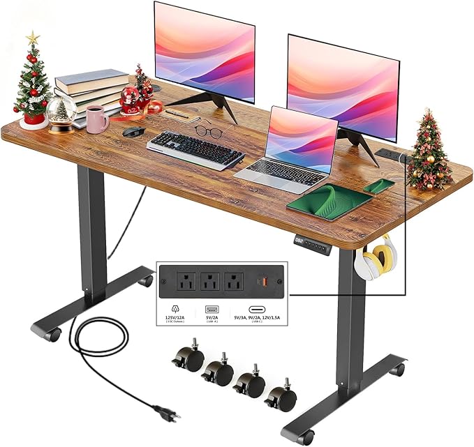 Electric Adjustable Height Standing Desk, 48×24 Inches Sit Stand Desk with Power Socket, 2 USB Ports, 3 Power Outlets, 4 Wheels,4 Memory Buttons Home Office Computer Workstations (Brown)