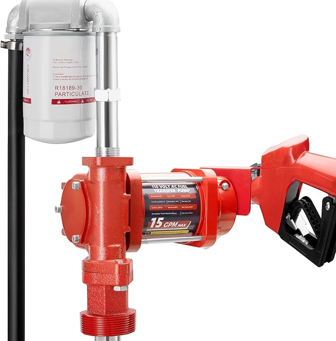 110V AC 15 GPM Fuel Transfer Pump with Discharge Hose, Automatic Nozzle, Premium Filter Package, Suitable for Gasoline, Diesel, Kerosene, Ethanol & Methanol Blends