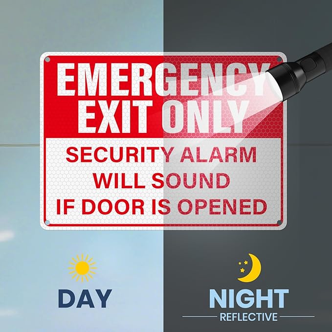 2 Pack Emergency Exit Only - Security Alarm Will Sound If Door Is Opened Sign 10 × 7 Inches Reflective Waterproof Aluminum Safety Signage with Pre-Drilled Holes for Workplace Warehouse
