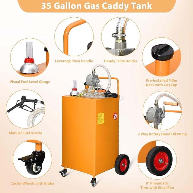35 Gallon Fuel Caddy with Manual Pump, Heavy Duty Portable Gas & Diesel Transfer Tank on 4 Wheels, Spill-Proof Container for Truck, Tractor, Boat, ATV, Farm,Orange