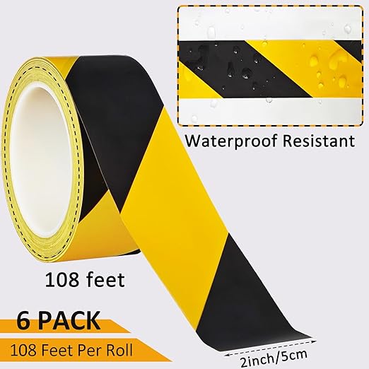 Beieverluck 6 Rolls Black & Yellow Caution Tape Roll 2'' x 108 FT Warning Safety Tape Floor Marking Tape Hazard Tape for Warehouse, Gym, Walls, Pipes and Equipment