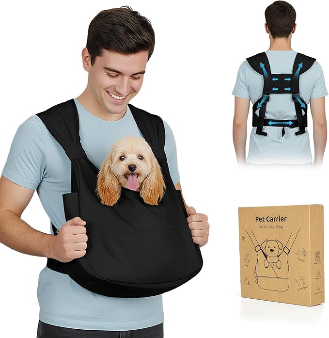 Dog Sling Carrier for Small Dogs with Bottom Support, Adjustable Pet Front Dog Carrier-Padded Straps Reducing Back Neck Pain, Anti-Anxiety Backpack for Travel Hiking Camping, Hands Free (Black,M)