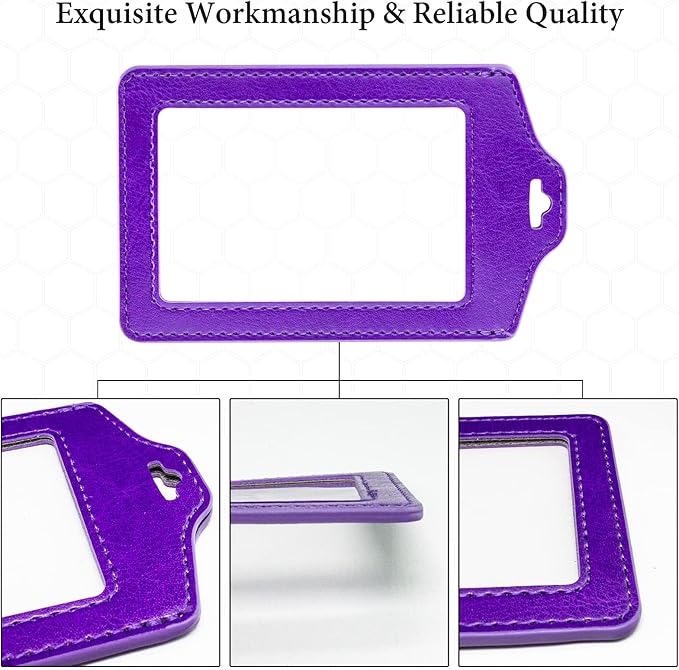 Teskyer 2 Pack of Double Sided Clear Badge Holder with Lanyard, PU Leather ID Badge Name Card Holder with Stainless Steel J-Hook Nylon Lanyard for Work ID, School ID, Metro Card, Access Card, Purple