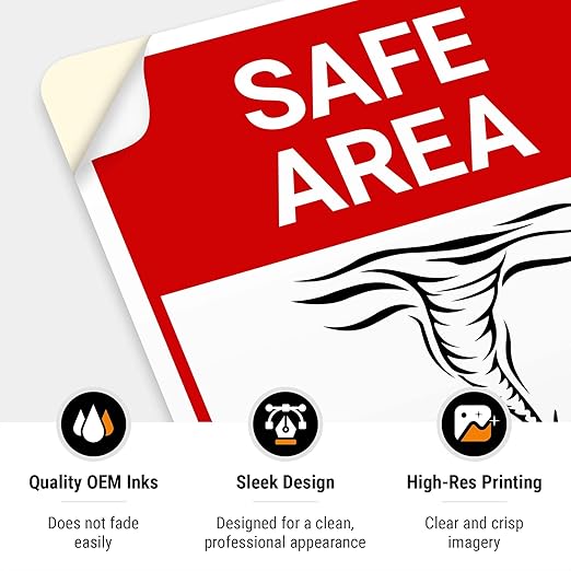 Safe Area Tornado Shelter Sign, 10x7 Inches, 4 Mil Vinyl Decal Stickers Weather Resistant, Made in USA by Sigo Signs