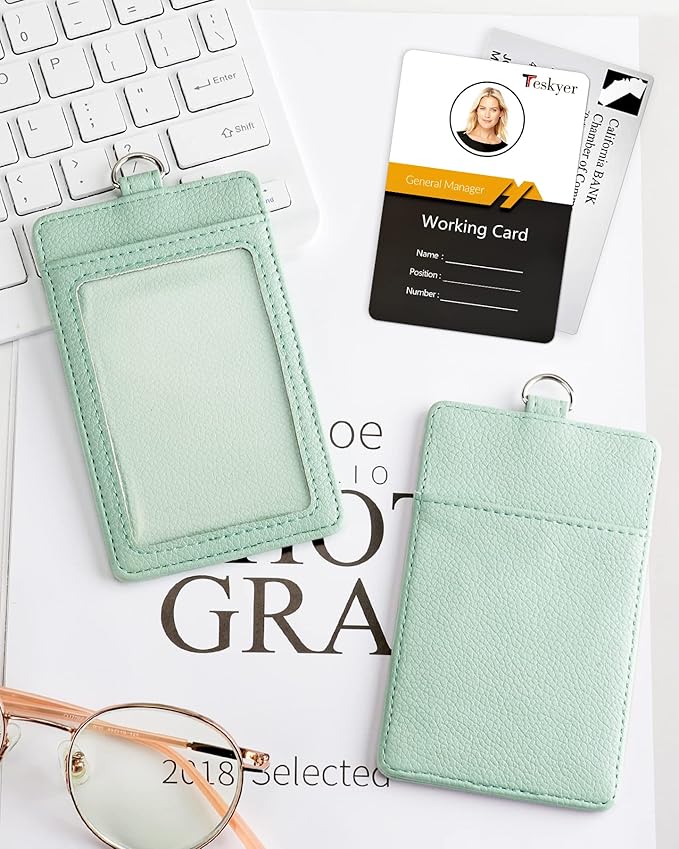 Teskyer Badge Holder with Lanyard, Leather ID Name Badge Card Holder with Lanyard for ID Badges, Vertical, Lychee Pattern Light Green