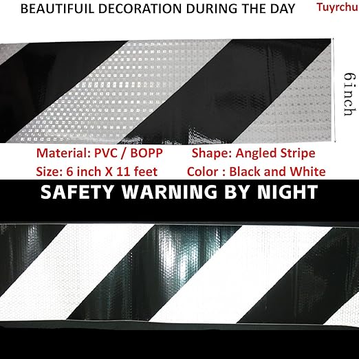 Black White Reflective Tape 6 inch, Outdoor Waterproof Hazard Conspicuity Warning Industrial Marking Tape (11 feet)