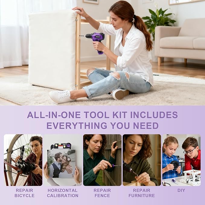 Tool Kit: 139 PCS Cordless Drill Set with Li-Ion Battery, 8V Power Drill with Type-C Charging, Portable Basic Home Tool Set for DIY Projects (Purple-A)