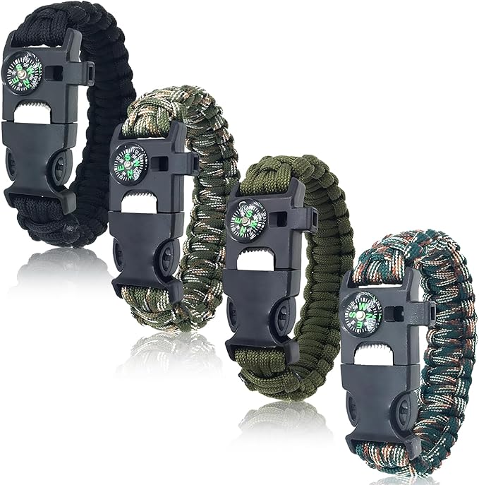 Survival Bracelets 4-Pack | 5-in-1 Paracord Bracelet Set with Fire Starter, Compass & Whistle | Emergency Outdoor Gear for Camping, Hiking