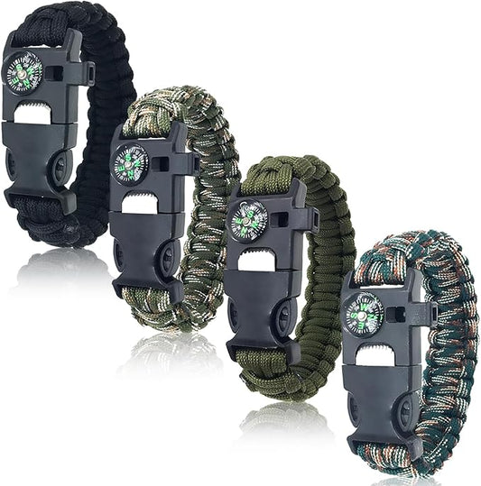 Survival Bracelets 4-Pack | 5-in-1 Paracord Bracelet Set with Fire Starter, Compass & Whistle | Emergency Outdoor Gear for Camping, Hiking