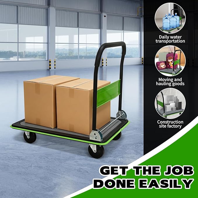 660lbs Large Size Heavy Duty Green Flatbed Cart, Folding Platform Hand Truck with 360° Swivel Silent Wheels, Steel Push Dolly for Warehouse & Moving