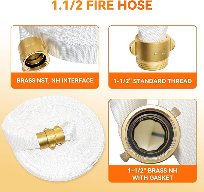 Upgraded Fire Hose 100 FT x 1-1/2" ID, M × F NST/NH Brass Couplings, Fire Hydrant Adapter, Fire Hose Nozzle, Working Pressure 430 PSI, Burst Pressure 1300 PSI, Home, Garden Irrigation