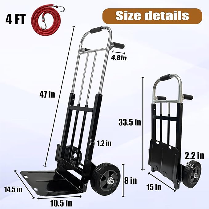 800 LB Dolly Cart with 8" Solid Rubber Wheels, Heavy Duty Folding Hand Truck Dolly with Bungee Cords, Compact Foldable Alloy Steel Design for Warehouses, Homes, Offices, and Small Business