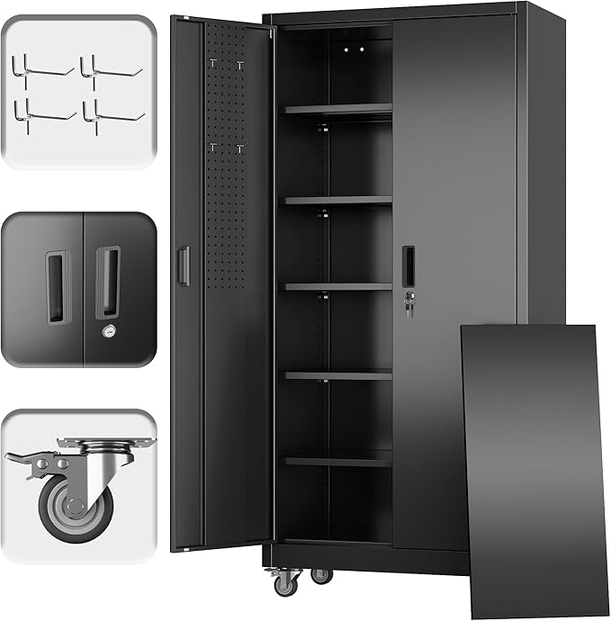 71" H×34" W×18" D Garage Storage Cabinet with Wheels, Metal Storage Cabinet with 5 Adjustable Shelves and Pegboard for Garage Home Office Utility Room,Required Assembly,Black
