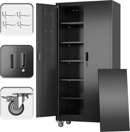 71" H×34" W×18" D Garage Storage Cabinet with Wheels, Metal Storage Cabinet with 5 Adjustable Shelves and Pegboard for Garage Home Office Utility Room,Required Assembly,Black