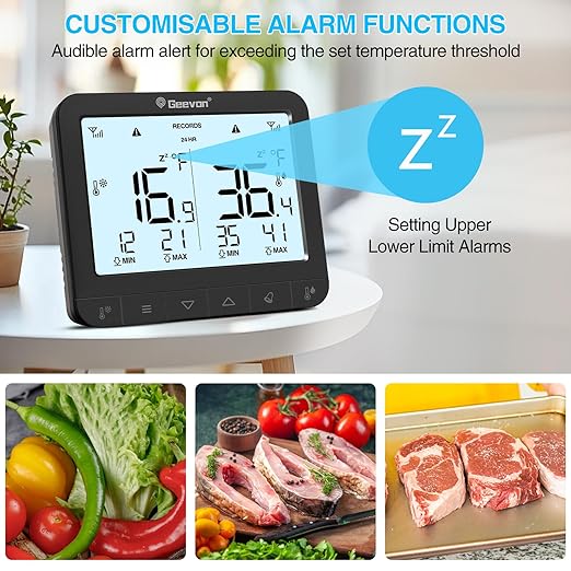 Geevon Digital Refrigerator Thermometer with Alarm, Low Battery Warning Icon, Max/Min Temperature LCD Display, Suitable for Domestic or Commercial Use Freezer Thermometer with Alarm