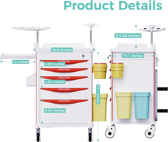 Medical Storage Crash Cart with Wheels - IV Pole, Silent Casters, Drawers with Dividers, Needle Disposal Holder, Trash Bin, O2 Holder, Emergency Mobile Cart for Clinic, Hospital, Nursing Center
