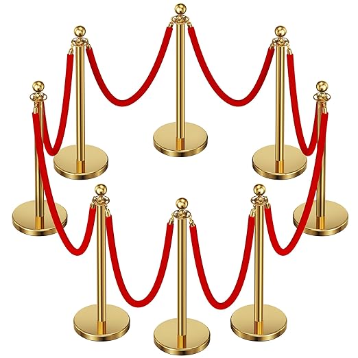 8pcs Sturdy Gold Stanchion Posts and 8pcs High Quality Red Carpet Velvet Ropes, Water/Sand/Concrete Fillable Leakproof Base, Crowd Control Barriers for Birthday, Prom, Business, Wedding