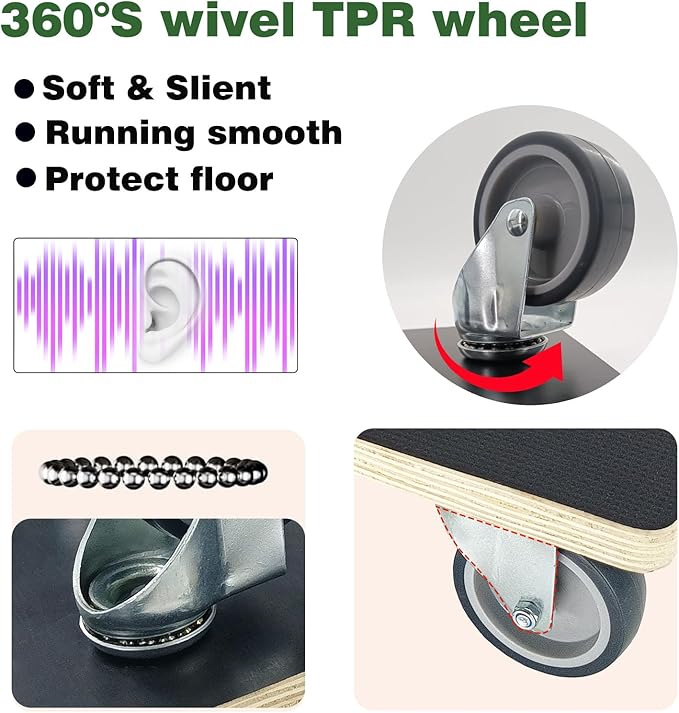 Furniture Mover Dolly Portable Wood Rolling Mover for Moving Furniture Sofa Cabinet Refrigerator, 360° Rotatable Soft TPR Rubber Universal Wheels, 440Lbs Capacity, Black (2 Packs)