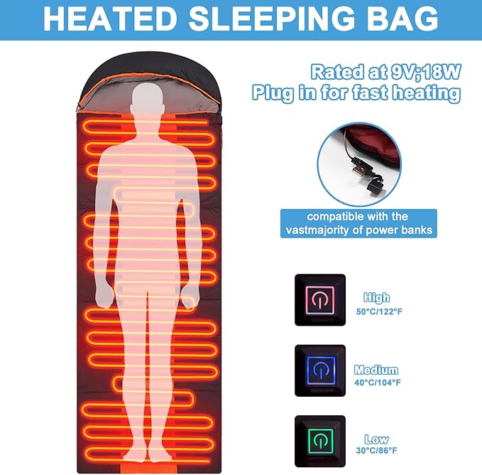 Heated Sleeping Bag for Adults, Electric Warm Bag with 3 Adjustable Heating Levels, USB Powered Heating Pads Adjustable Hood, 0 Degree Sleeping Bag Keep Warm for Cold Weather Camping Outdoor Hiking