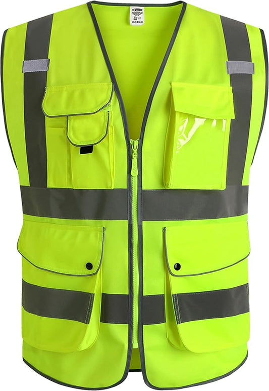 JKSafety 9 Pockets Class 2 High Visibility Zipper Front Safety Vest With Reflective Strips, Yellow Meets ANSI/ISEA Standards (Medium, Yellow)