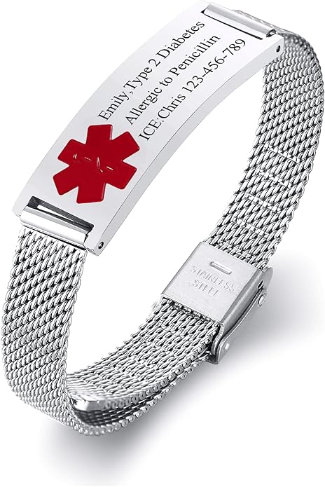 VNOX Medical Alert Bracelets for Men & Women Kids with Free Engraving Adjustable Stainless Steel Mesh Emergency Medical ID Bracelets Wristband
