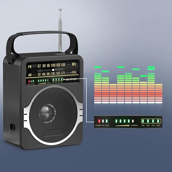 Portable AM FM Radio, Bluetooth 5.0 Radios 5 Watts Loud Speaker,FM Radio Built-in Rechargeable Battery/DC D*4 Cell Battery Operated & AC Power Plug in Wall Black