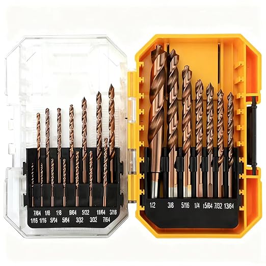 21-Piece M35 Cobalt Drill Bits for Hardened Metal, 3-Flute Shank Design Reduces Breakage, 135° Point for Fast Starts in Stainless Steel, Cast Iron, Wood & Plastic (1/16 to 1/2 inch)