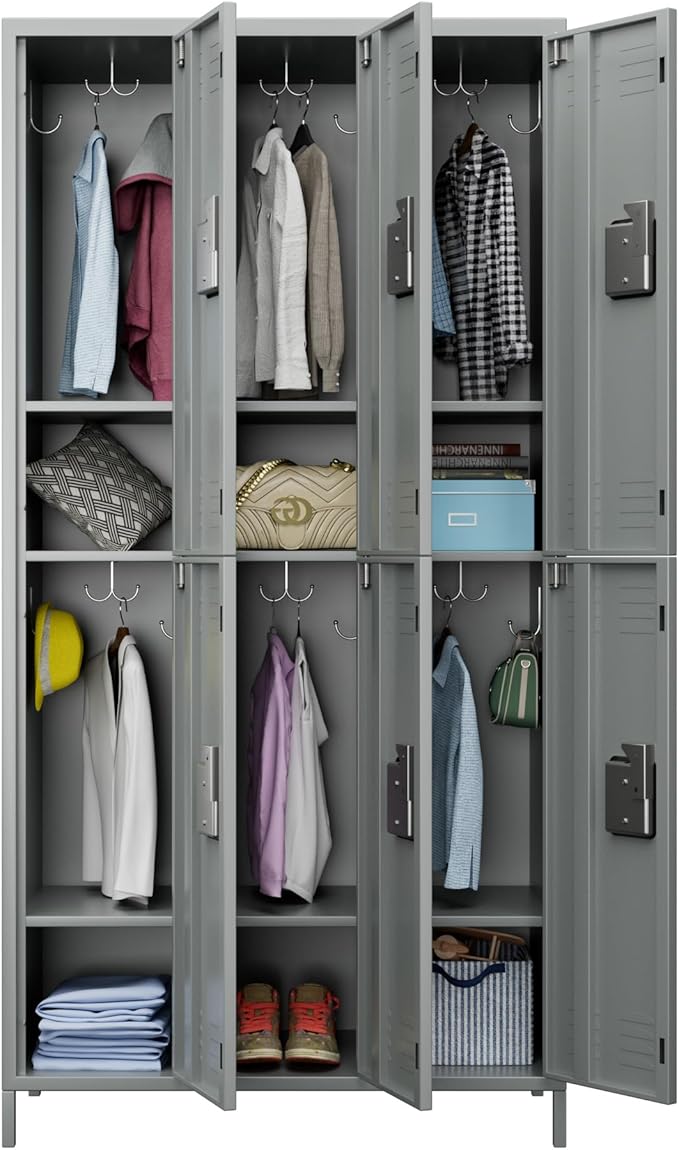 Metal Lockers with 6 Doors and 18 Hooks, 72" Tall Lockers for Employees, Home Office School Gym, Assembly Required, Light Gray