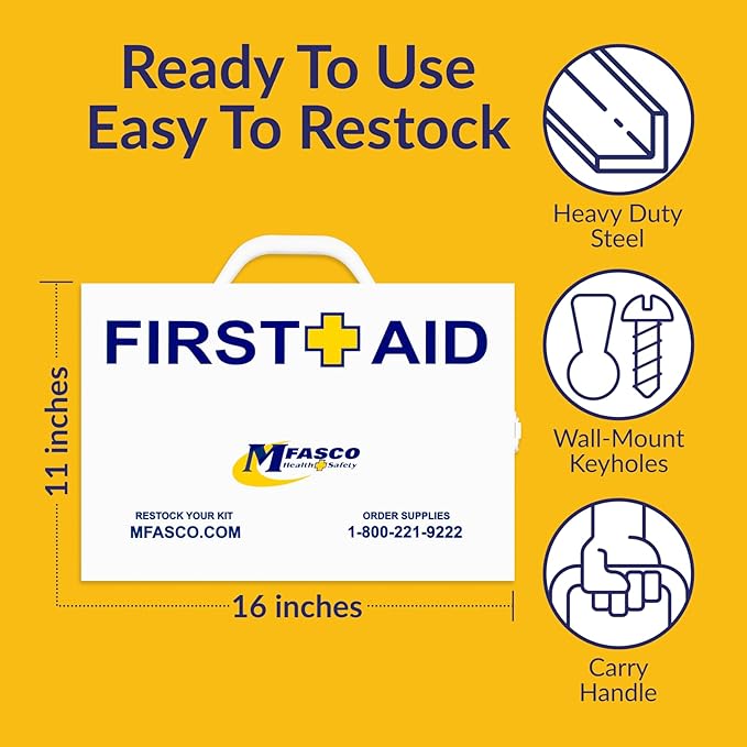 MFASCO 2 Shelf First Aid Cabinet - ANSI/OSHA Class B Type I & II - Medi First Brand Bandages - Carry or Wall Mount - Easy Restock & Refill - - White Enamel Finish - 226 Pcs - 16"x11"x4 7/8"