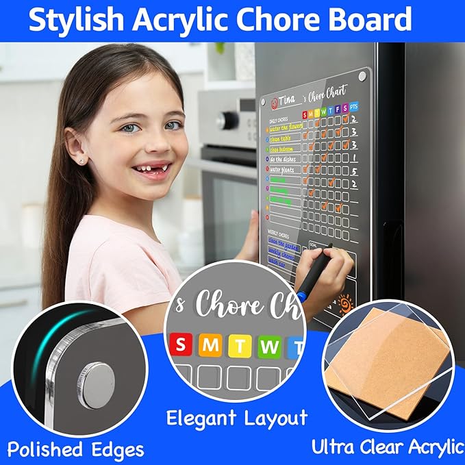 PigPotParty Acrylic Magnetic Chore Chart for Kids, 12"x16" Reward Responsibility Chart, Chores Checklist, 3 Weekly Dry Erase Fridge Board for Teens Adult Family Multiple Kids, w/ 18 Markers & Towel