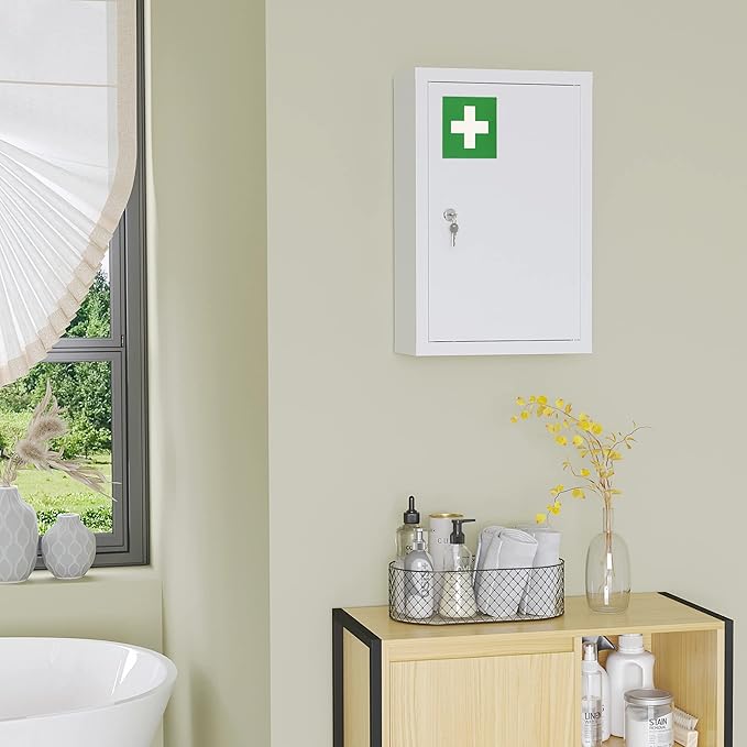kleankin 12" x 18" Wall Medicine Cabinet with Lock, 3 Tier Steel Locking Wall Cabinet for Bathroom, Kitchen with 2 Keys, White
