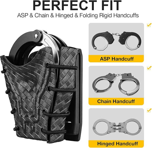 Handcuff Case Compatible with ASP, Chain, Hinged, and Rigid Folding Handcuffs – OWB Kydex Cuff Holder with Belt Clip or MOLLE Mount – Fits 1.5"-2.25" Belts – Black/Basketweave Options