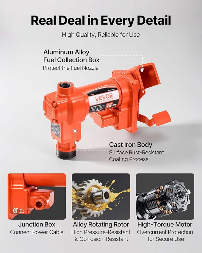 VEVOR Fuel Transfer Pump, 12V DC 16 GPM 1/4 HP Diesel Pump, Extractor Pumps with Manual Nozzle, Discharge Hose and Suction Pipe, for Gasoline, Diesel, Kerosene, Ethanol-Methanol Blends & Biodiesel