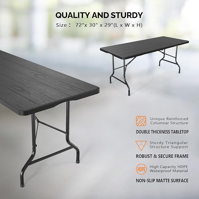 VINGLI 6 Foot Plastic Folding Table Portable Long Table for Indoor Outdoor Use Rectangular with Carrying Handle, Tree Patterned HDPE Tabletop, Black