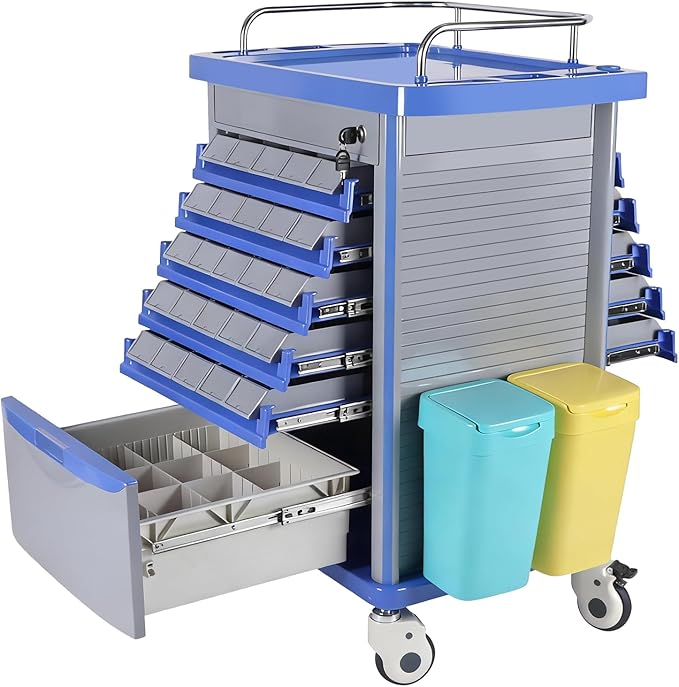 Kalolary Dual-Sided Lab Carts, Open Medication Bins Cart with 50 Medicine Boxes, Silent Casters, Movable Container, 2 Trash Bin-Medical Crash Cart for Lab, Clinic, Hospital, Salon, Blue