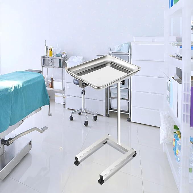 VEVOR Lab Cart, Stainless Steel Mayo Tray Stand 18 x 14 in Trolley Mayo Stand, Adjustable Height 32-51 in Instrument Tray with Removable Tray & 4 Omnidirectional Wheels, Ideal for Home Equipment