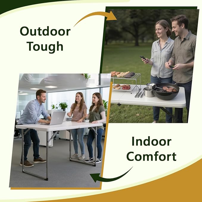 Folding Table, 4FT Foldable Picnic Table with Adjustable Height, Heavy Duty Fold-in-Half Portable Table for Weddings, Camping, RV Travel, Parties, BBQs, and Indoor Use, Easy to Fold and Store