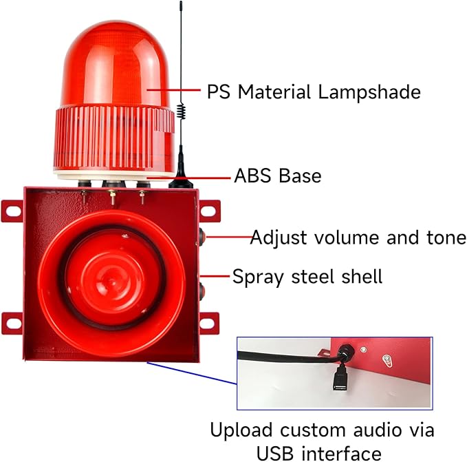 Outdoor Indoor Alarm Siren Wireless Waterproof 0.3mile Remote Control Emergency Security Siren with 0-120dB Adjustable, 12 Tone Switchable for Warehouse Industry Buliding AC110-120V
