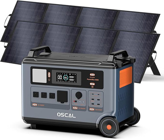 OSCAL PowerMax 6000 Solar Generator with 2x200W Solar Panel, 120V/240V 3600Wh Power Station 6000W AC Outlets (9000W Peak), 2200W AC Charging/2400W Solar Charging, Emergency for Home, Battery Backup