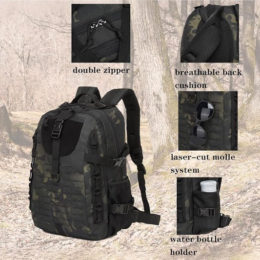 Military Tactical Backpack For Men Laser-Cut Molle Daypack 3 Day for Hiking,Working,Travel (black camo)